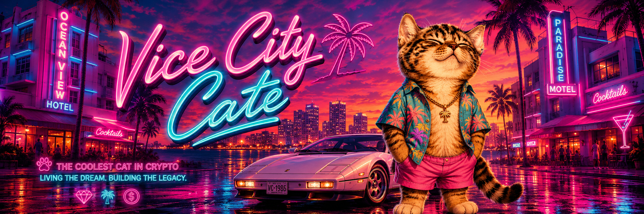 Vice City Cate beside a sports car on a neon waterfront boulevard