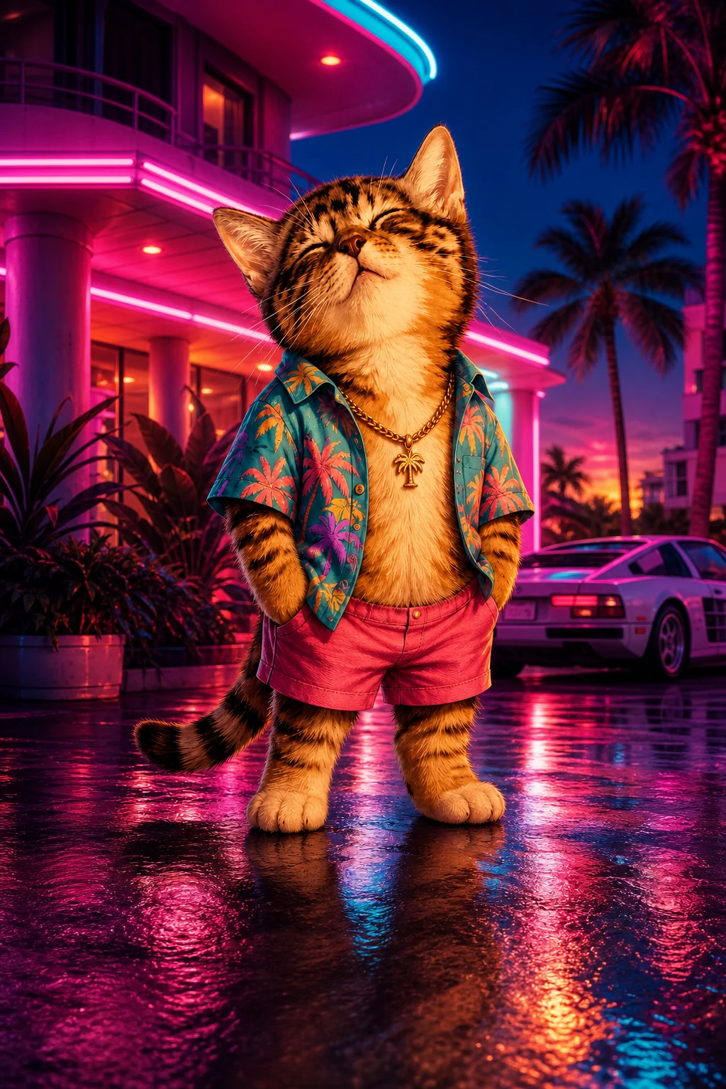 Vice City Cate outside a neon tropical motel