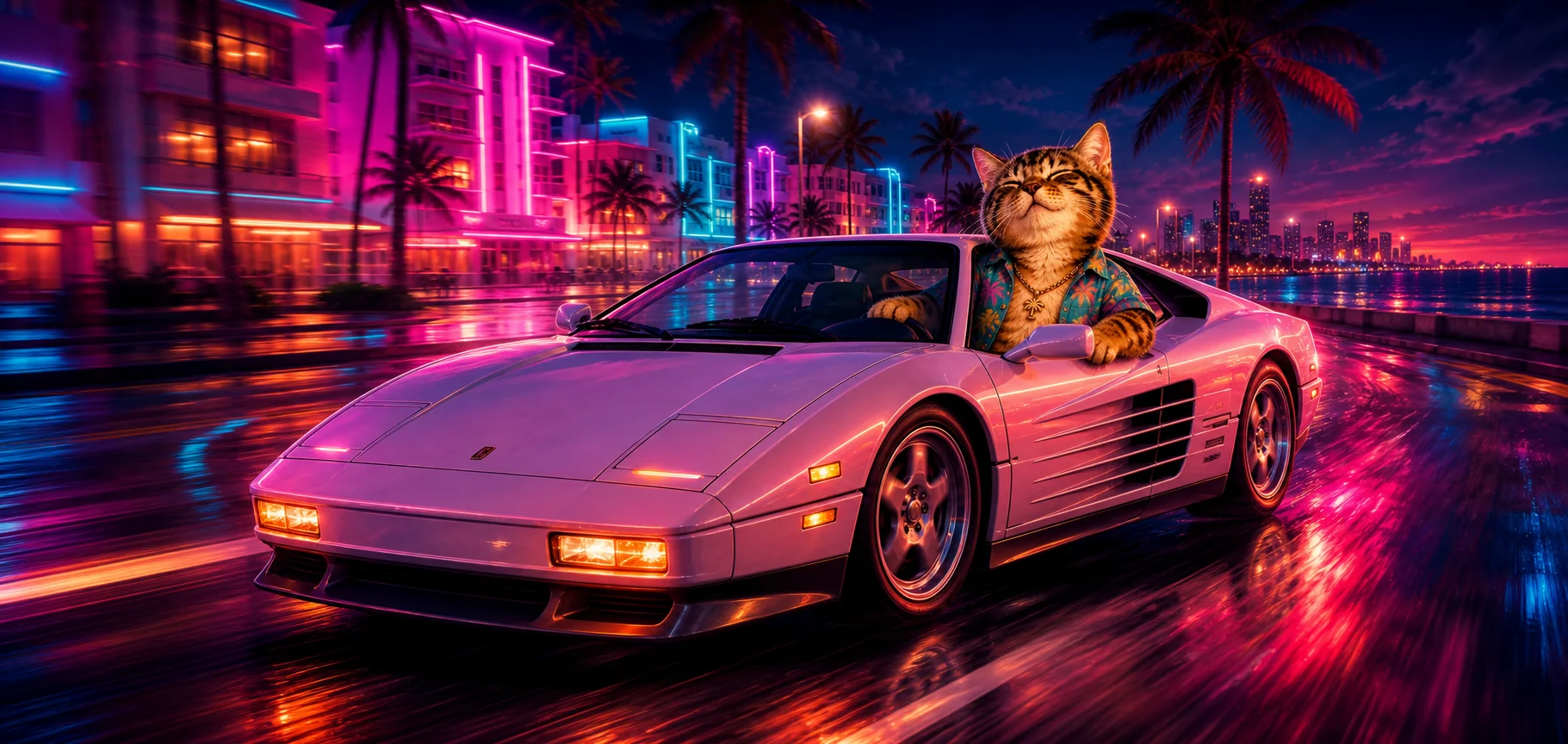 Vice City Cate cruising a neon coastal boulevard at night