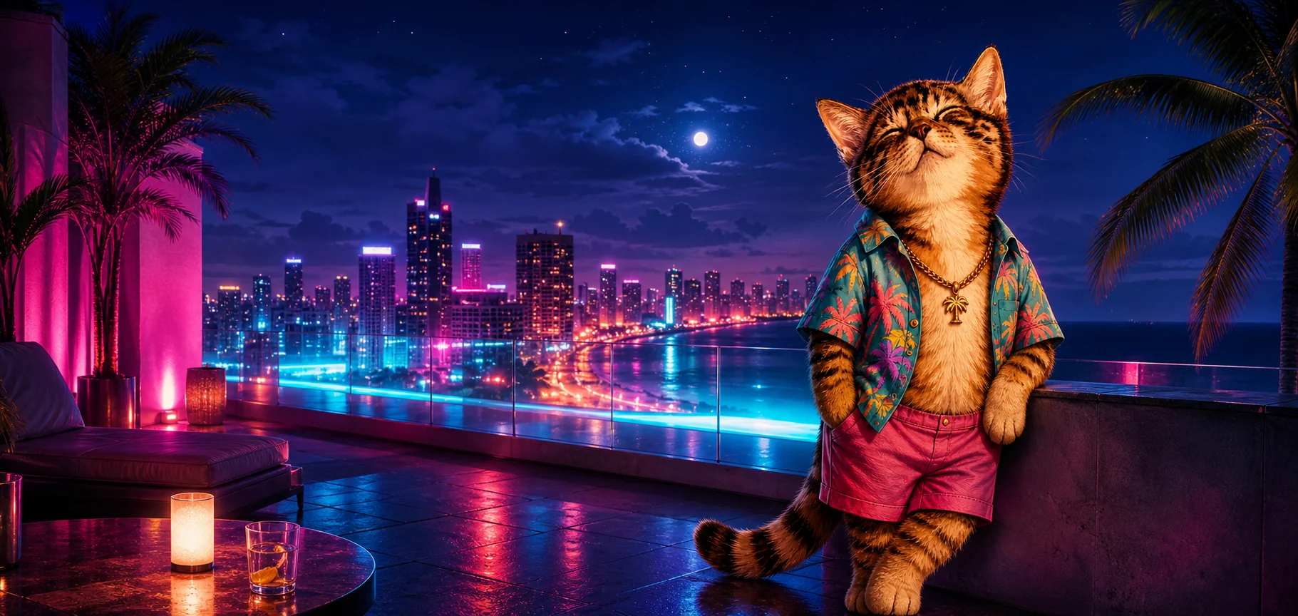 Vice City Cate overlooking the neon city skyline from a rooftop