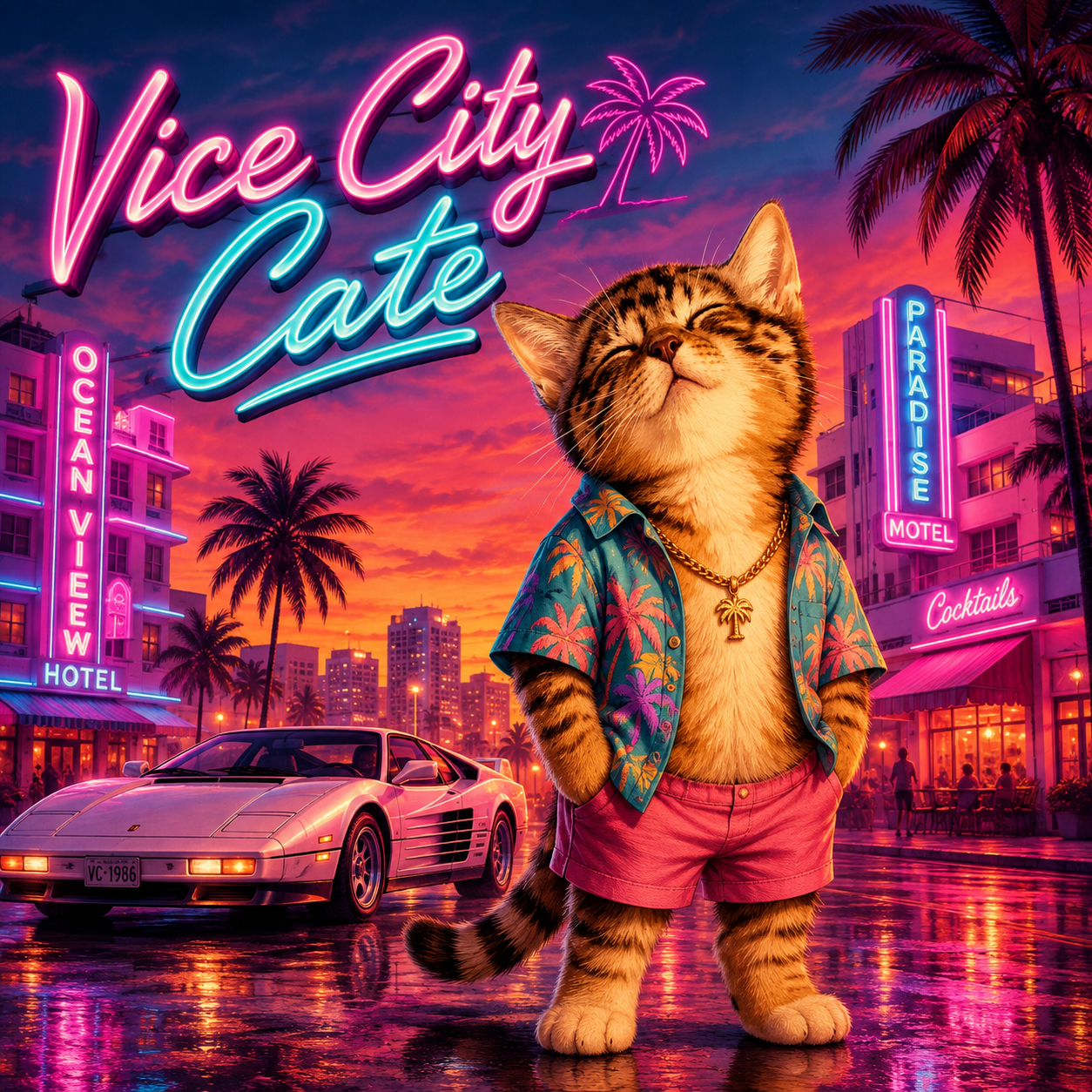 Vice City Cate in a neon Vice City street